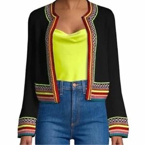 ALICE+OLIVIA Round Neck Meemee Embroidered Open Front Cropped Cardigan S/P A33